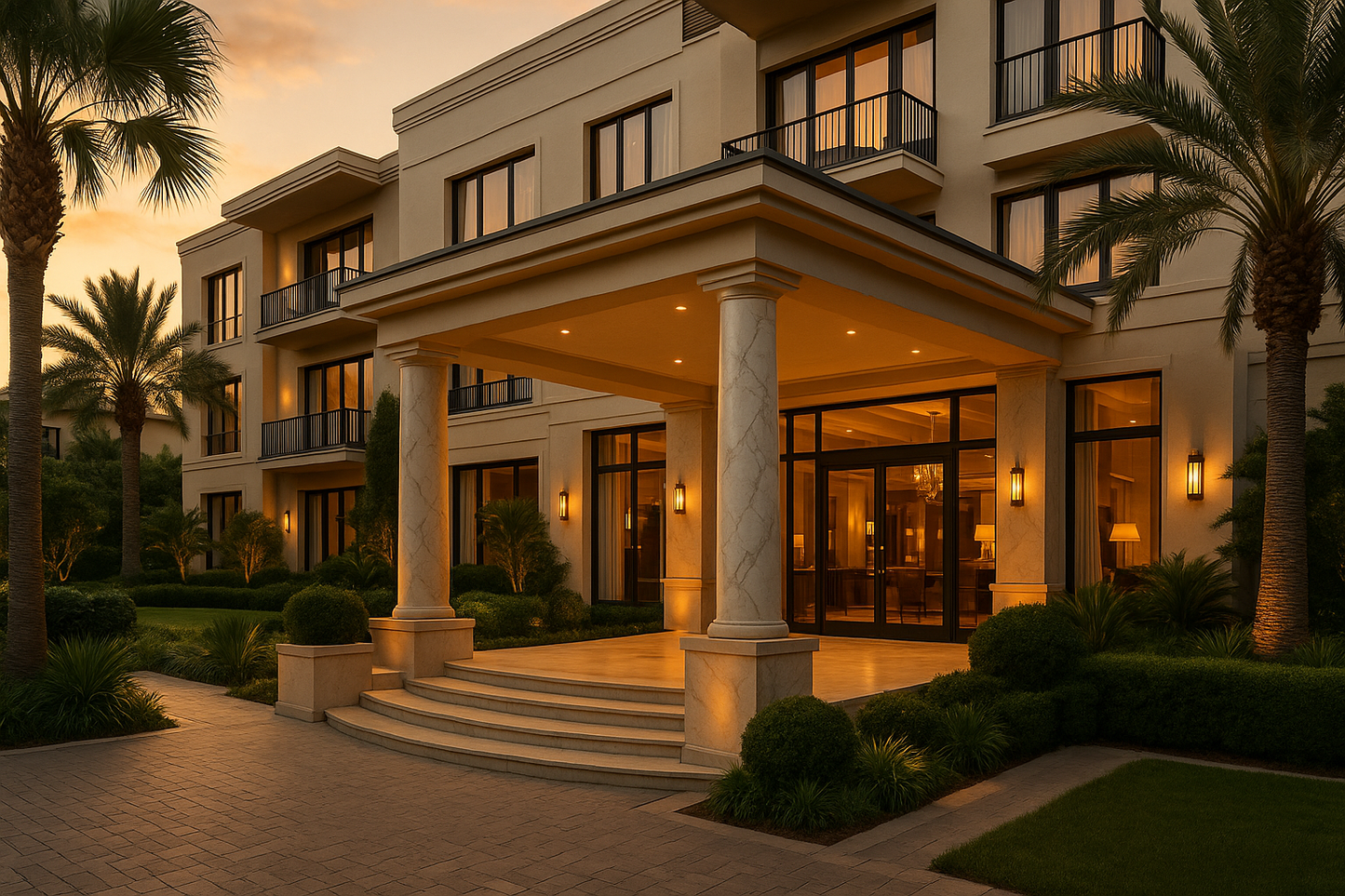 Luxury boutique hotel exterior at golden hour
