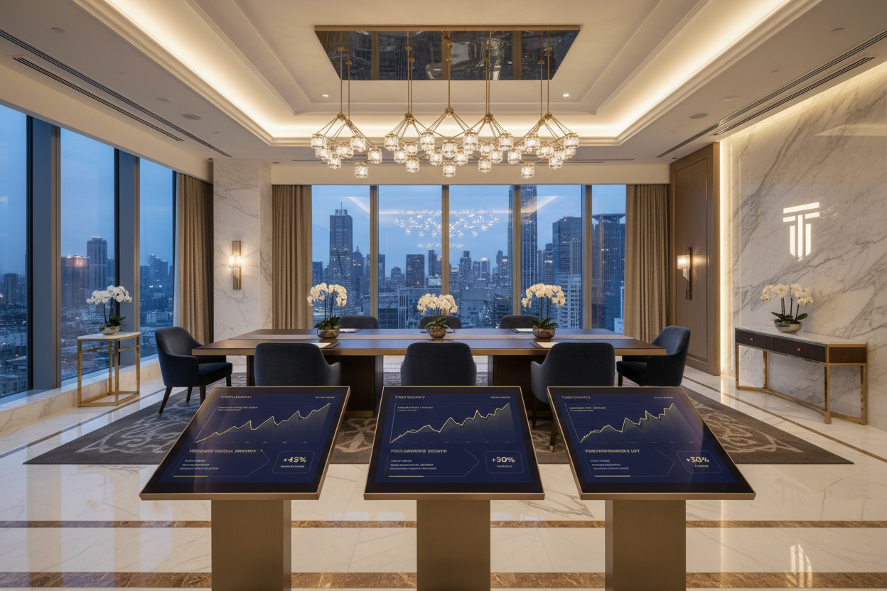 I dont like this , I have four seasons type hotel with  charts and graphs of brand partneships icnreasing social media enagegement rates, and toyosuite logo in the backgorund, high end luxury