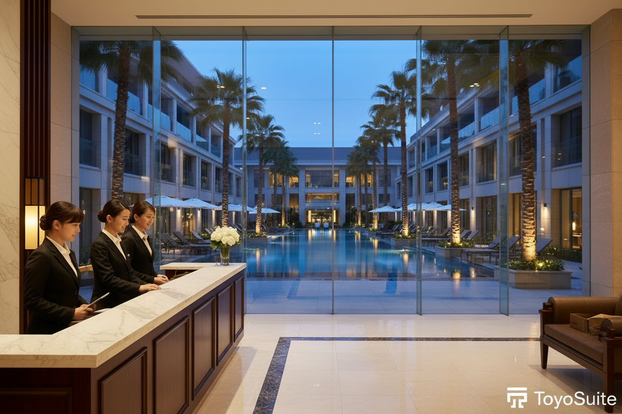 I like this image but instead of 7 people, just leave 2 receptionists, and let ToyoSuite be text only not icon logo